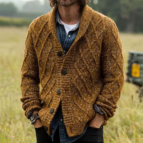 Men's Fashionable Knitted Cardigan Sweater Lapel Collar Autumn Winter Long Sleeve Twist Flower Design Single Button Closure Coat