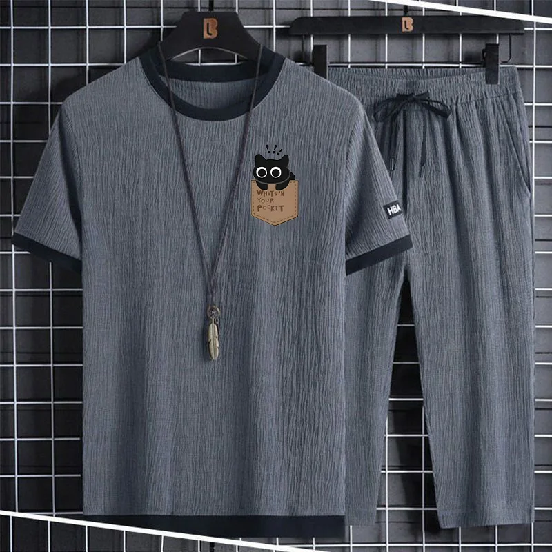 

Летний комплект из двух предметов для подростков: футболка и шорты из ледяного шелка, повседневный свободный крой, мужская одежда, модный бренд, полиэстер