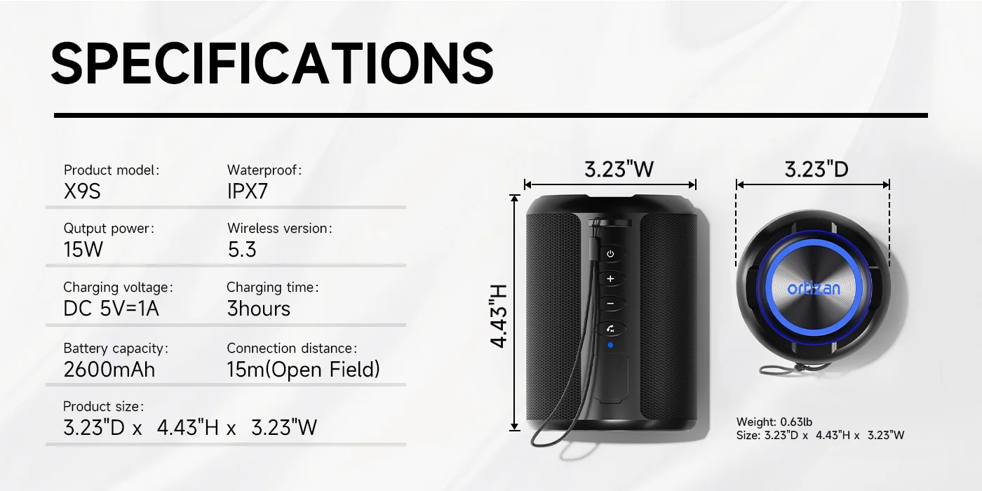 Ortizan X9S Tragbarer Bluetooth-Lautsprecher, Bass Boost HD Loud Sound, kabelloser Lautsprecher mit LED-Licht, IPX7 wasserdicht, 15-W-Lautsprecher – Detail 15