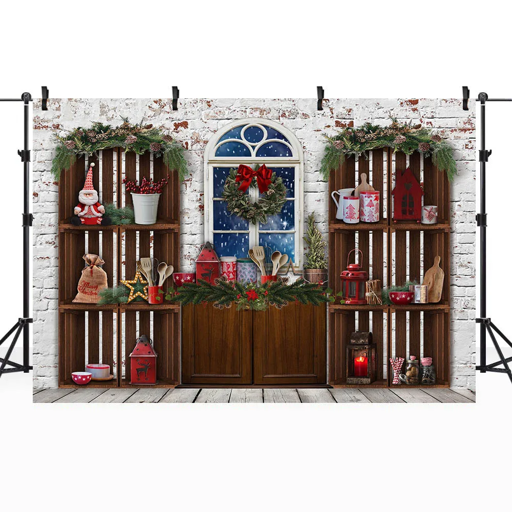 Mocsicka Christmas Backdrop Cupboard White Brick Wall Kitchen Family Cooking Party Decor Kids Portrait Background Photocall Prop