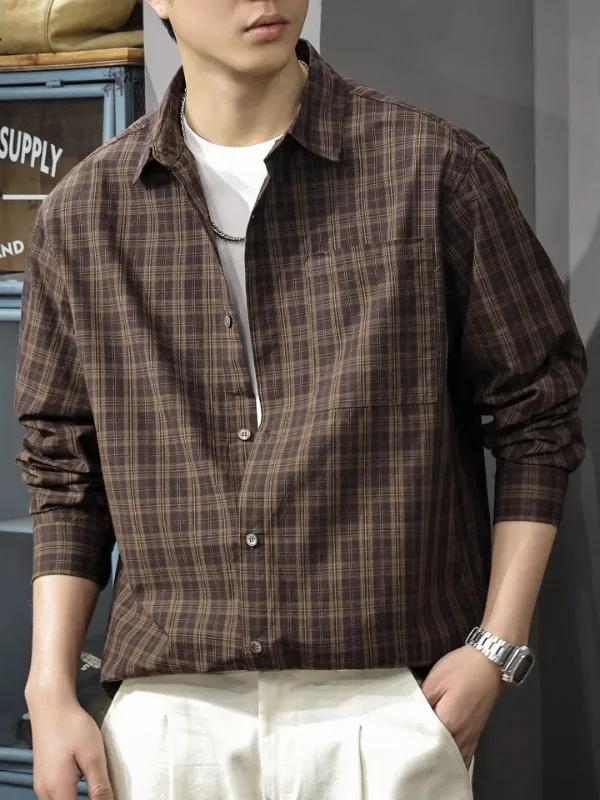 

Casual American Retro Plaid Long Sleeve Shirt Men's Collar Top Spring Autumn Commuting Style Checkered Shirt Loose Fit Button up