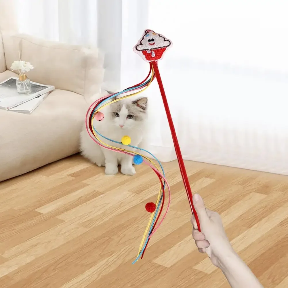 Cartoon Teasing Stick for Cats Plush Toys Funny Colorful Stick Pet Teasing Stick Indoor Bell Ball Interactive Training Toy Stick