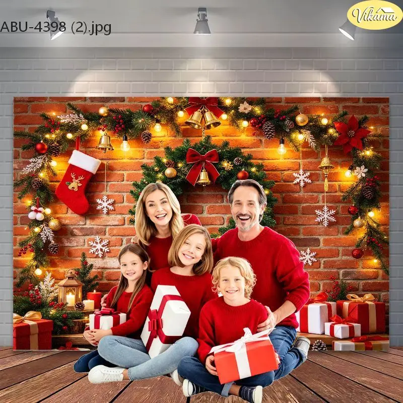 VIKAMA Red Ornaments Gold Trees Gifts Winter Photo Backdrop Banner for Xmas Party Studio Photography Booth Background Home Decor