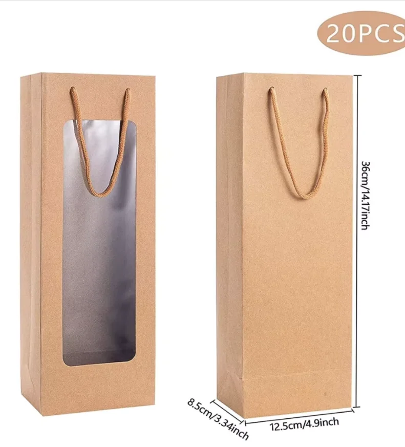 حقيبة هدايا النبيذ مع نافذة، 20 عبوة من أكياس النبيذ الورقية بطول 4.13 بوصة × 3.35 بوصة × 14.2 بوصة لزجاجة النبيذ، حقيبة هدايا بنية لعيد ميلاد السنة الجديدة