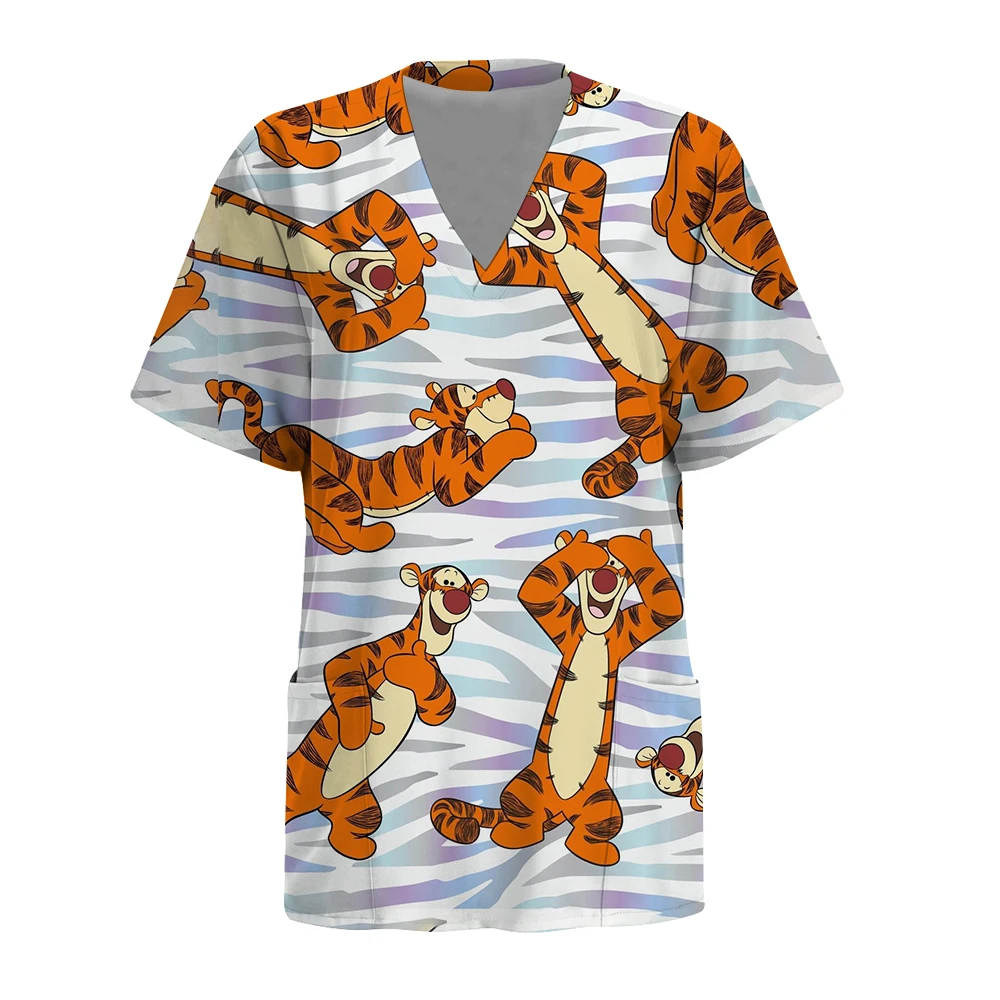 Surgical Uniforms Disney Winnie the Pooh print Pocket Design Surgical Costume Woman V-Neck Short Sleeve Nurse Medical Uniform