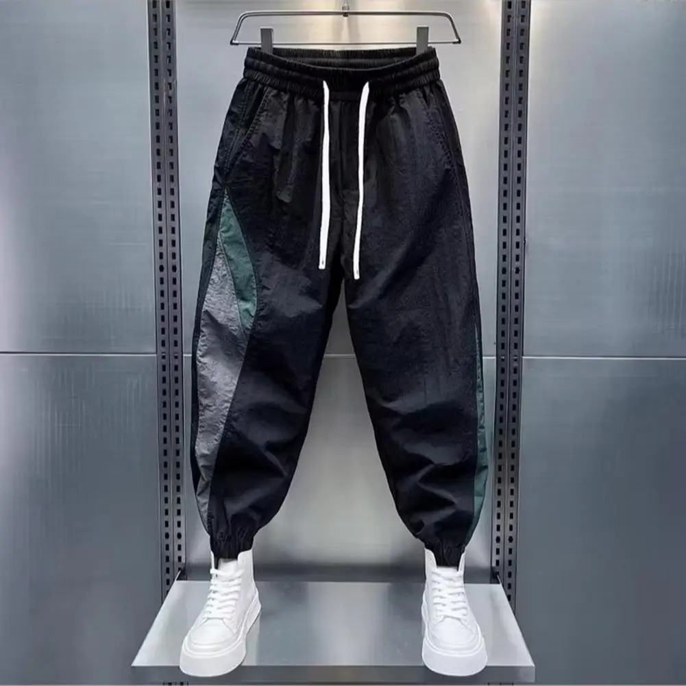 

Men Pants Color Matching Drawstring Elastic Waist Ankle-banded Loose Side Pockets Cargo Style Daily Wear Outdoor Harem Pants
