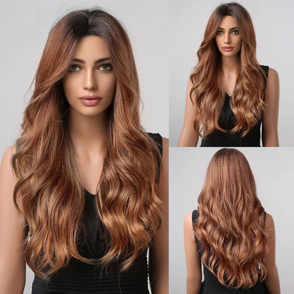 

Copper Brown Hair Wigs Long Water Wave Ombre Daily Wig for Black Women Synthetic