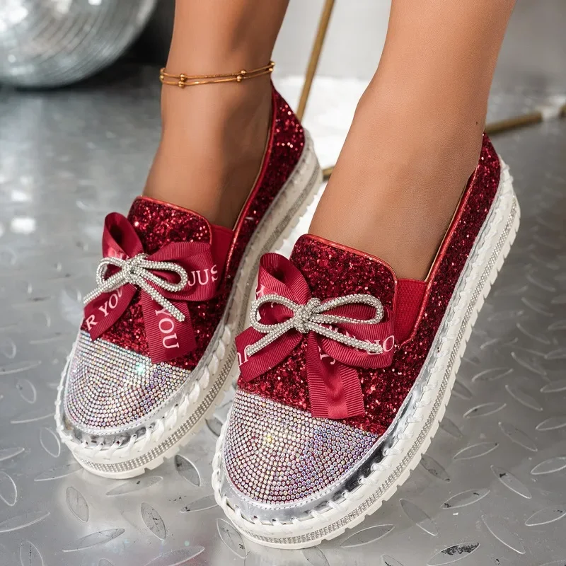 

Women Rhinestone Casual Shoes New Luxury Crystals Bowknot Loafers Sequined Flat Platform Shoes Couple Fashion Plus Size Sneakers