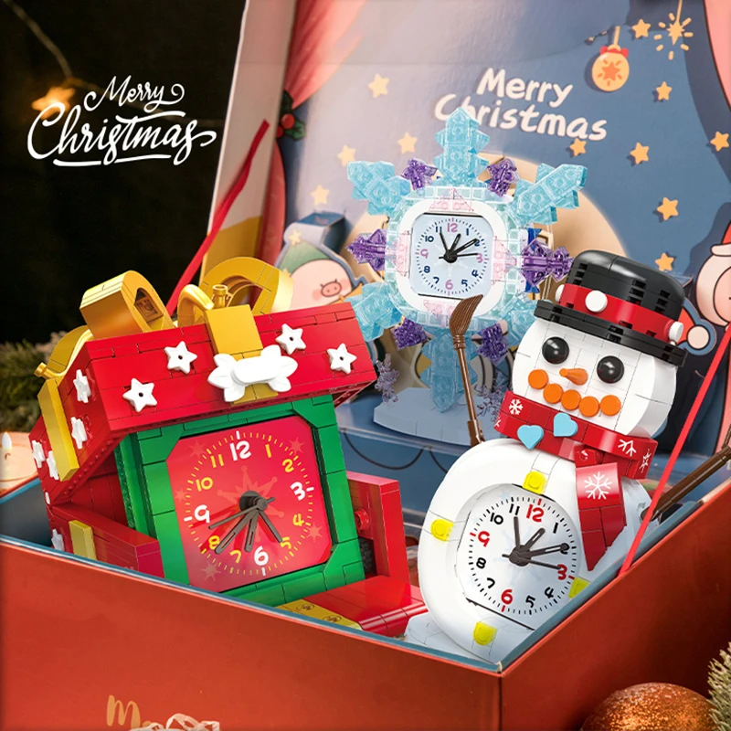 

Christmas Clock Creative Decorations Building Blocks Snowman/Snowflake/Gift Box MOC Bricks Toys