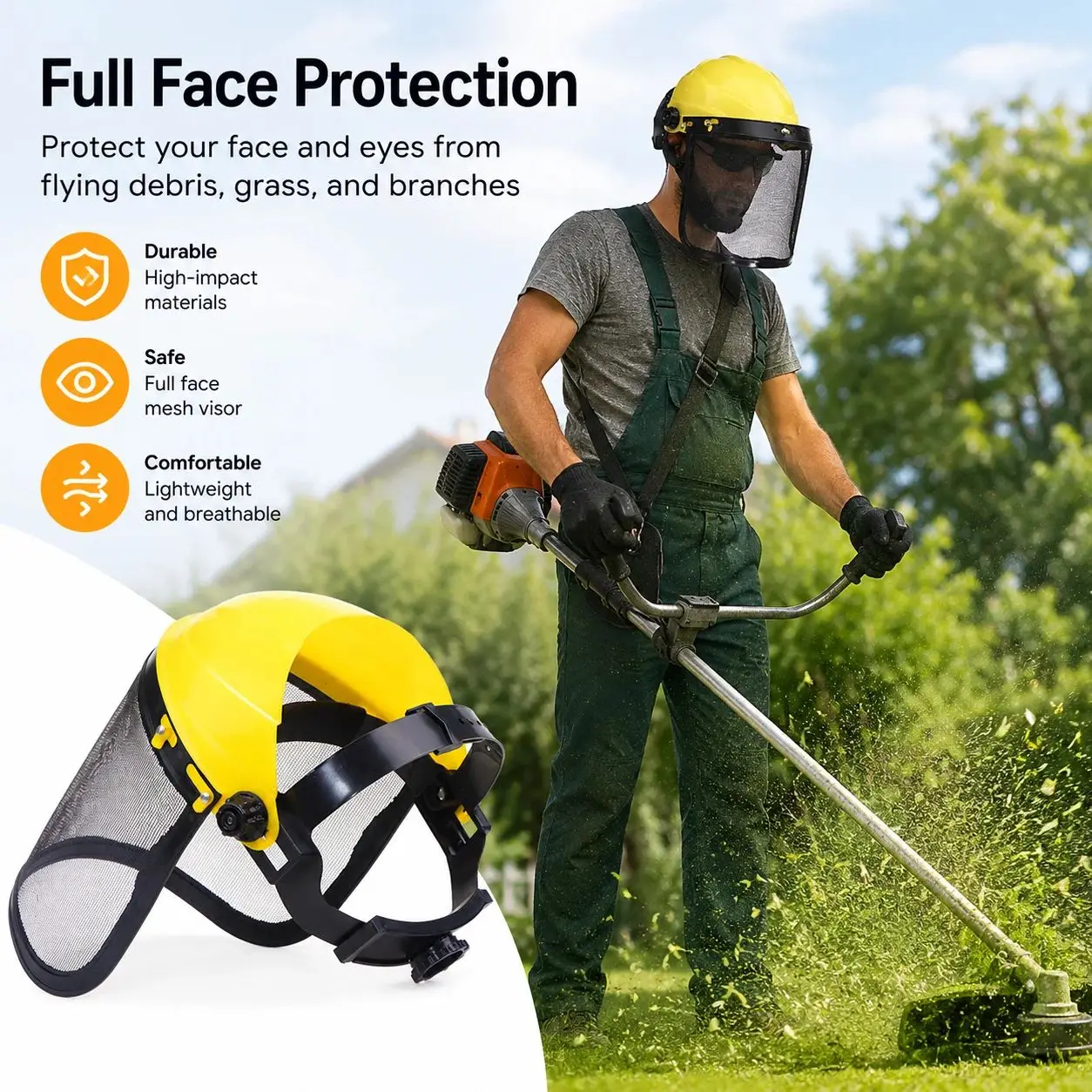 Garden Grass Trimmer Helmet Hat, Full Face Mesh Visor, Brush Cutter Yard Mowing Face Cover Guard
