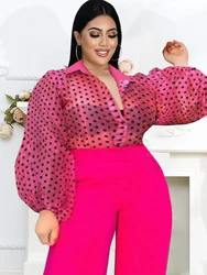 Plus Größe Tops Rose Drehen Unten Kragen Lange Puff Hülse Sehen Durch Organza Polka Dot Bluse Büro Dame Abend Party shirts Top