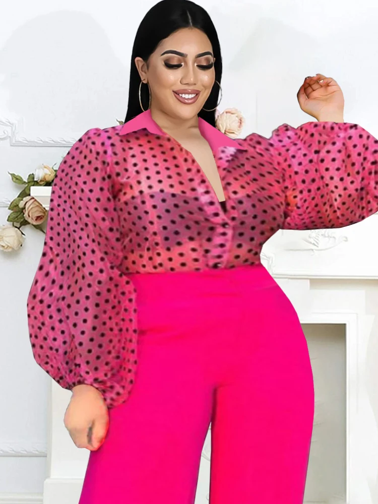 Plus Size Tops Rose Turn Down Collar Long Puff Sleeve See Through Organza Polka Dot Blouse Office Lady Evening Party Shirts Top