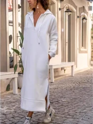 Autumn and Winter Fashion New Women's Warm and Loose Hoodie Dress Commuting Style Casual Hooded V-neck Slit Hoodie Long Skirt