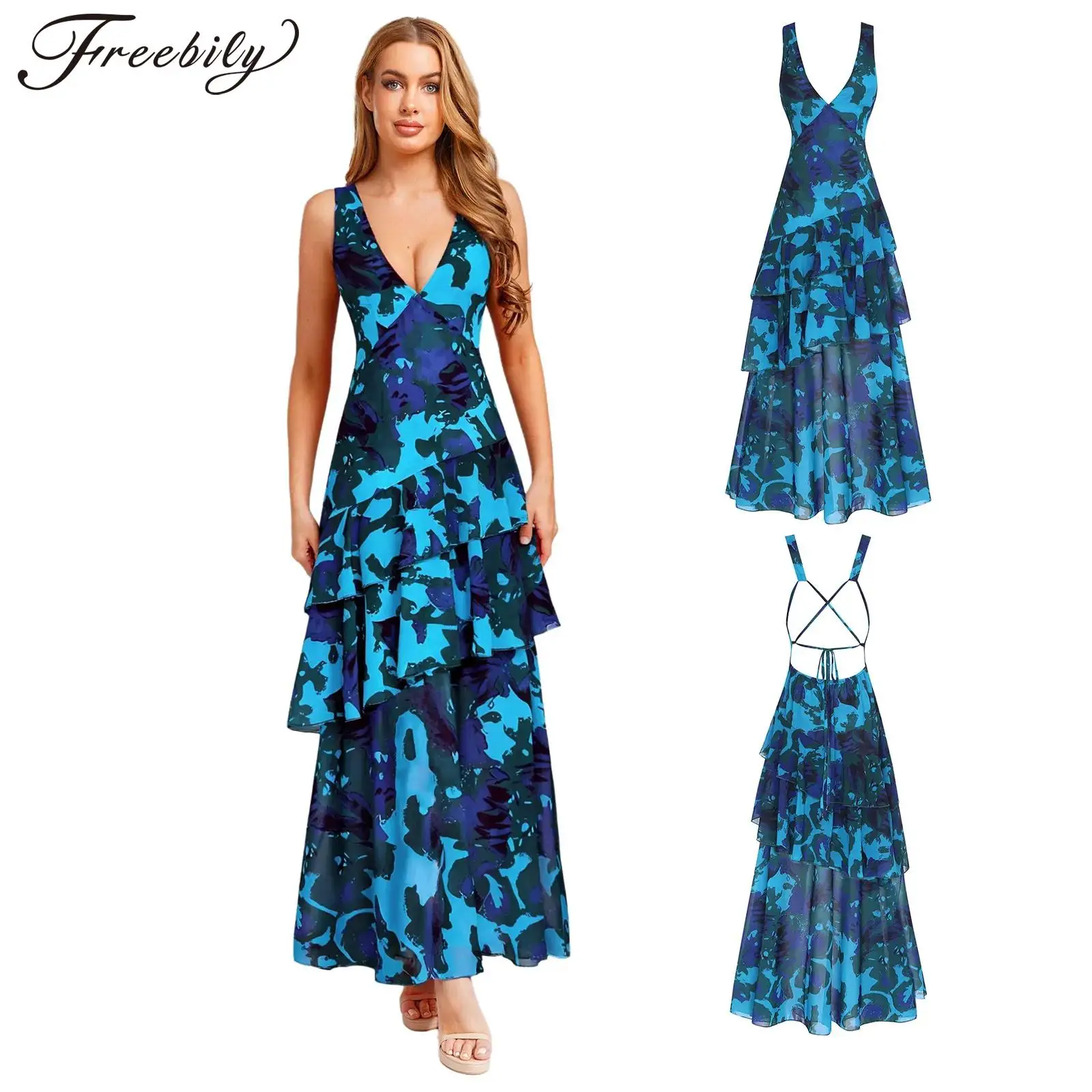 Eleganckie sukienki damskie w stylu boho retro, bez rękawów, z odkrytymi plecami, w kwiatowy wzór, letnia sukienka maxi z szyfonu, dekolt w serek, vestidos, sukienka damska.