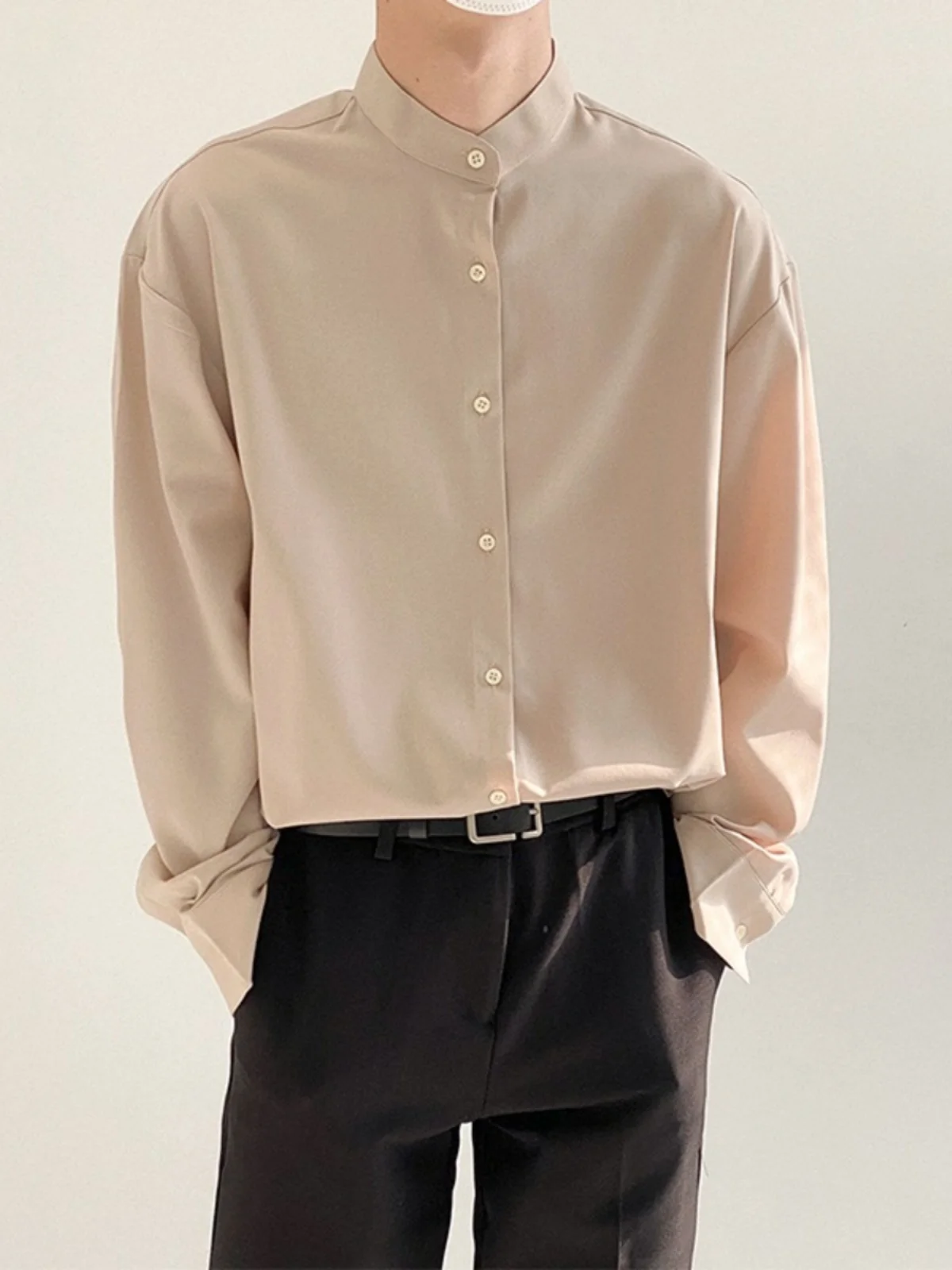 

Мужской свободный крой Pure Color Long Sve irt с воротником-стойкой Dra Effect, корейский универсальный базовый осенний модный молодежный костюм