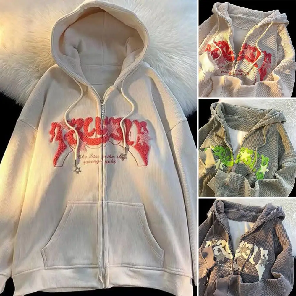 

Mid-length Women Hoodie Stylish Women's Fall Winter Hoodie with Embroidered Letter Detail Cozy Drawstring Hood Zipper for Cold