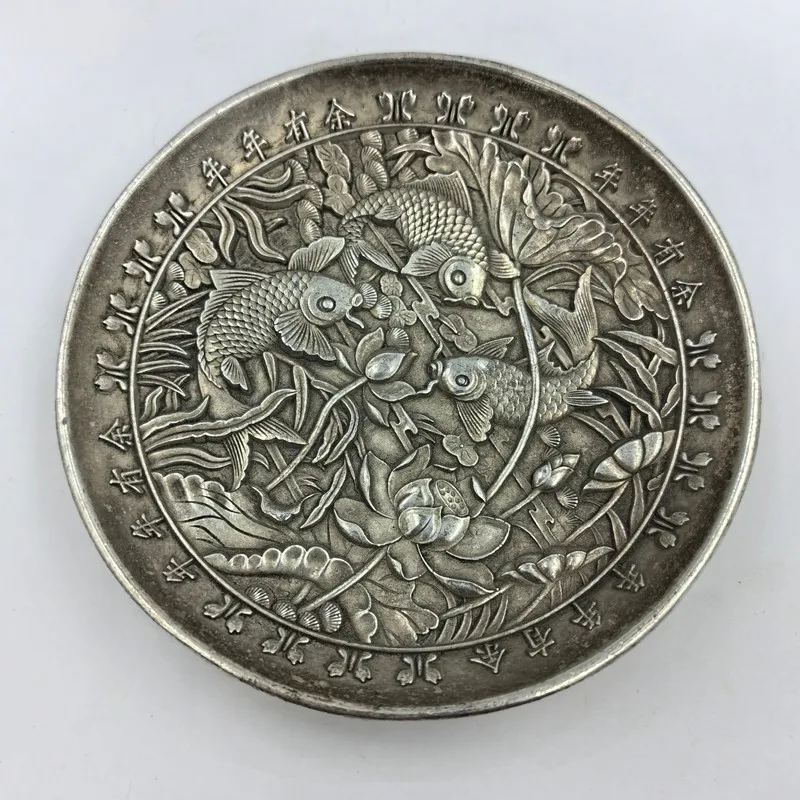 Bronzeware Lotus Fish Solid White Bronze Silver Plate Tray Home Office Antique Decorative Item