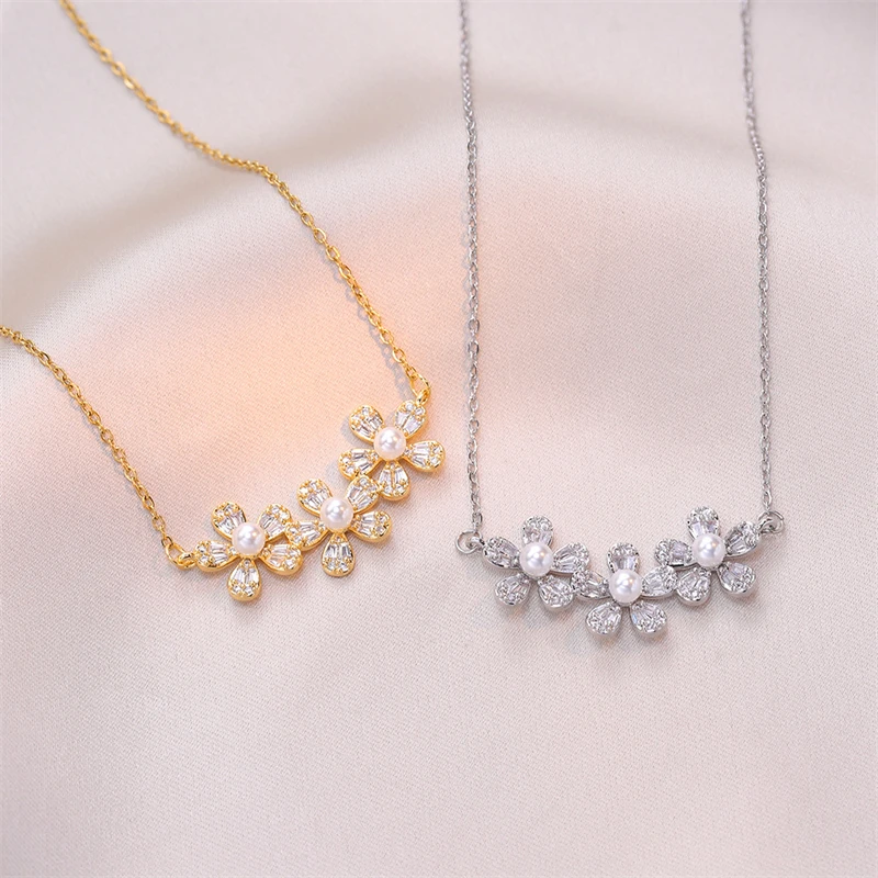 316L Stainless Steel New Fashion Fine Jewelry Japanese Style Zircon Pearl Flower Charm Chain Choker Necklaces Pendants For Women