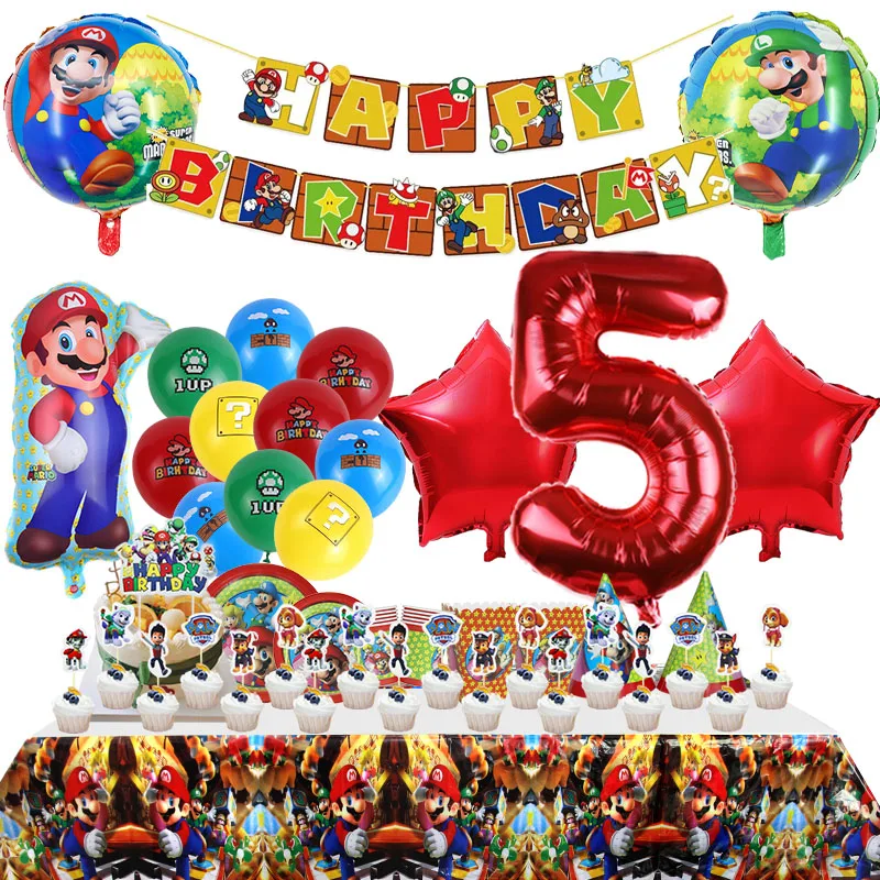 Dekoracje na przyjęcie urodzinowe Super Mario, balony z folii aluminiowej z motywem braci, jednorazowa zastawa stołowa, tło, artykuły na imprezy dla dzieci.