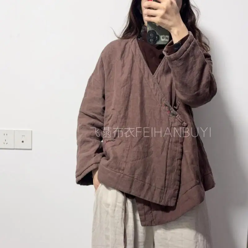 

Autumn Winter Arts Style Women V-neck Loose Thicken Cotton Linen Jackets Vintage Single Button Asymmetry Coats High Quality