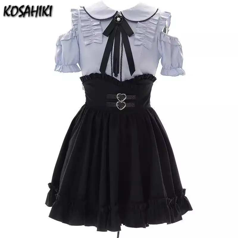 Japanese Kawaii Girl Sweet Lolita Blouse Hollow Out Shirt Y2k Aesthetic Lace Bow Ruffled Women JK Loose Blusas Elegant Camisas