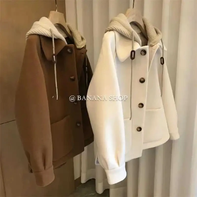 Biyaby Korean Hooded Thickened Warm Coats Woman Plush Kawaii Loose Single Breasted Jacket High Quality Solid Color Parkas