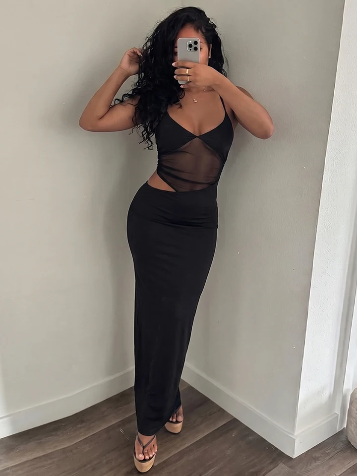 knee length dresses for ladies Brown Sheer Mesh Dress