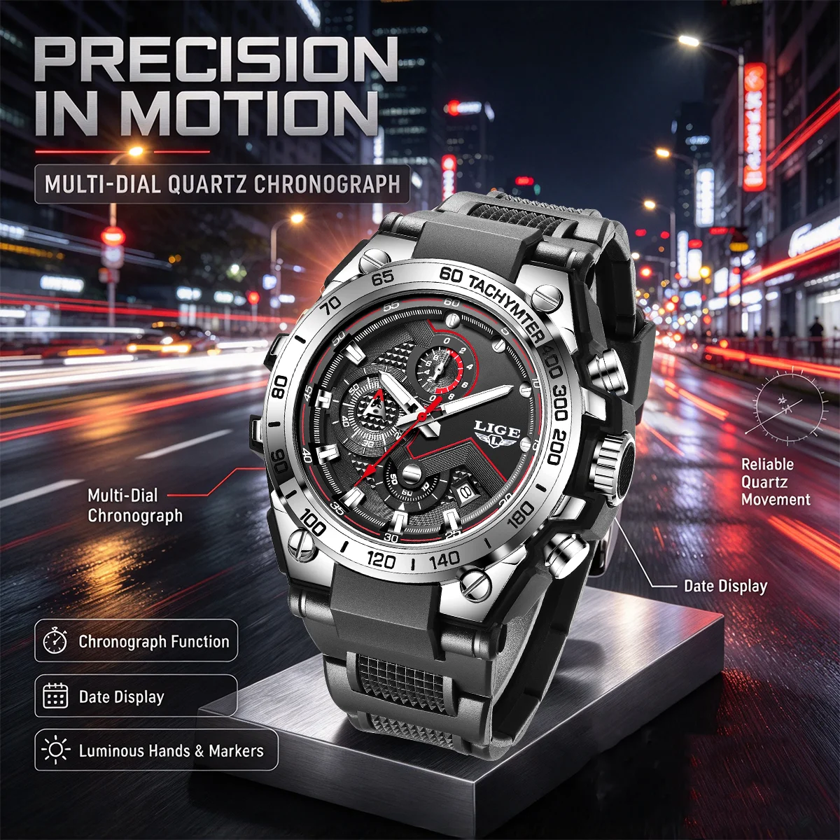LIGE 2026 New Men Watches Chronograph Silicone Quartz Wristwatch 30M Waterproof Luminous Date Sport Male Clock Christmas Gifts