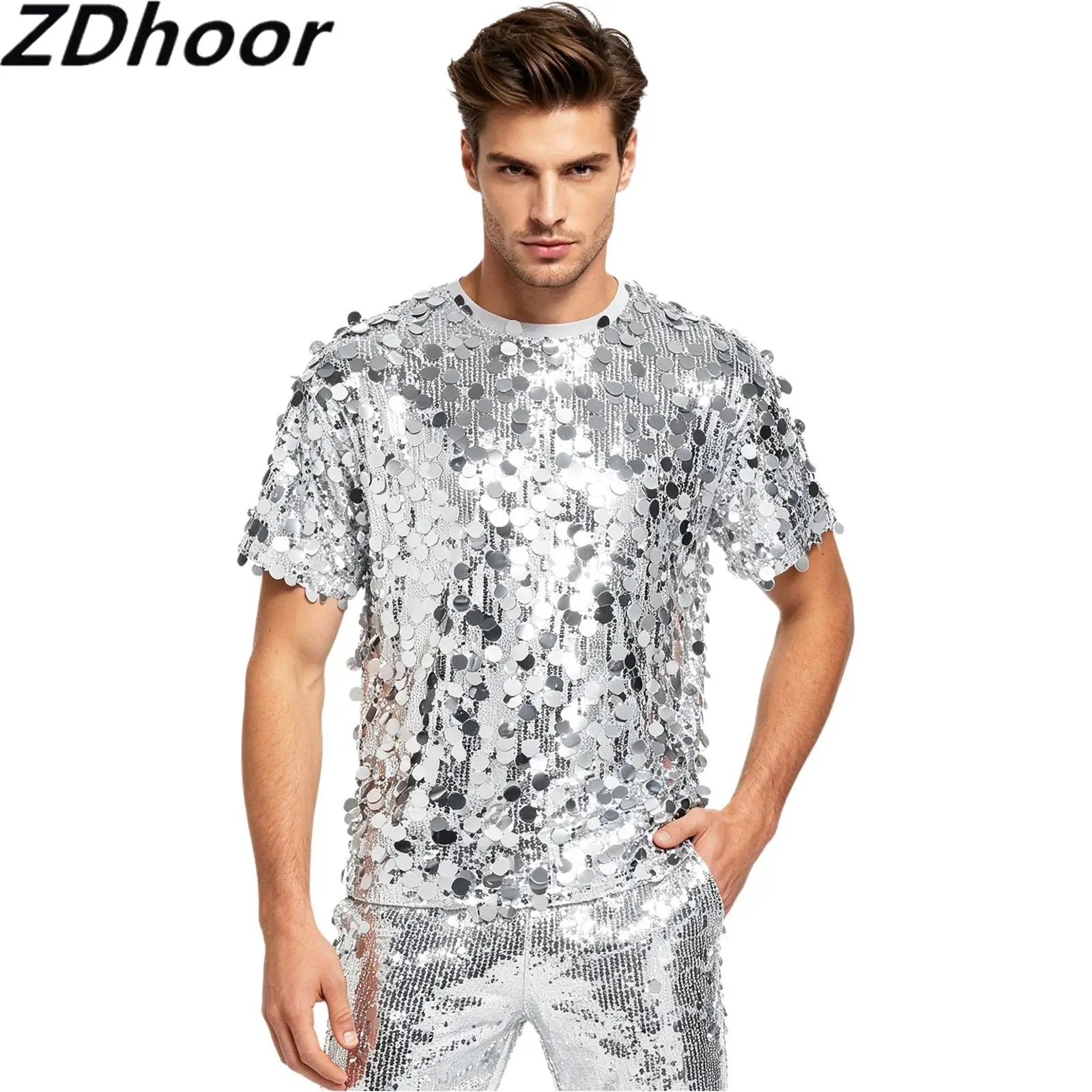 

Men Glitter T-shirt Dance Top Allover Sequins Crew Neck Short Sleeve Tee Clubwear with Fully Lining for Jazz Dance Disco Party