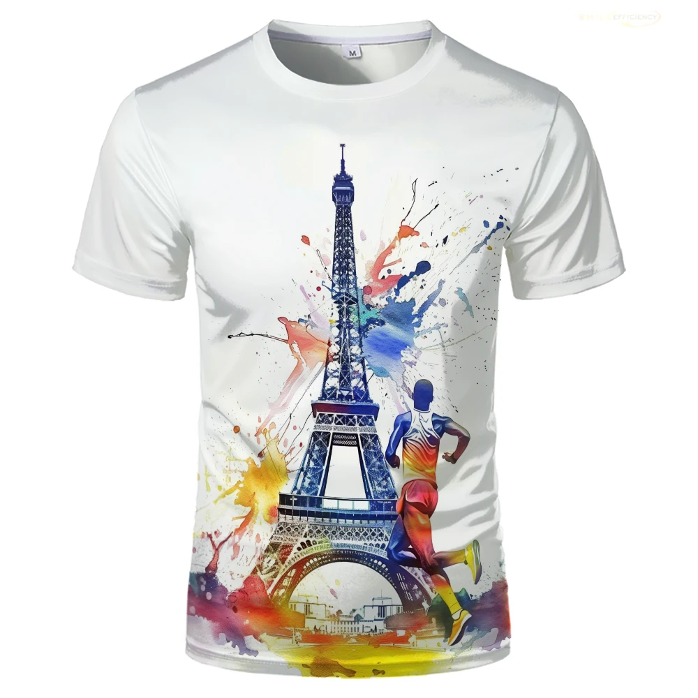 Paris Eiffel Tower Sports Meeting Men Printed Tshirt France Paris Graphic Casual T Shirts Running Competitions Games Unisex Tees