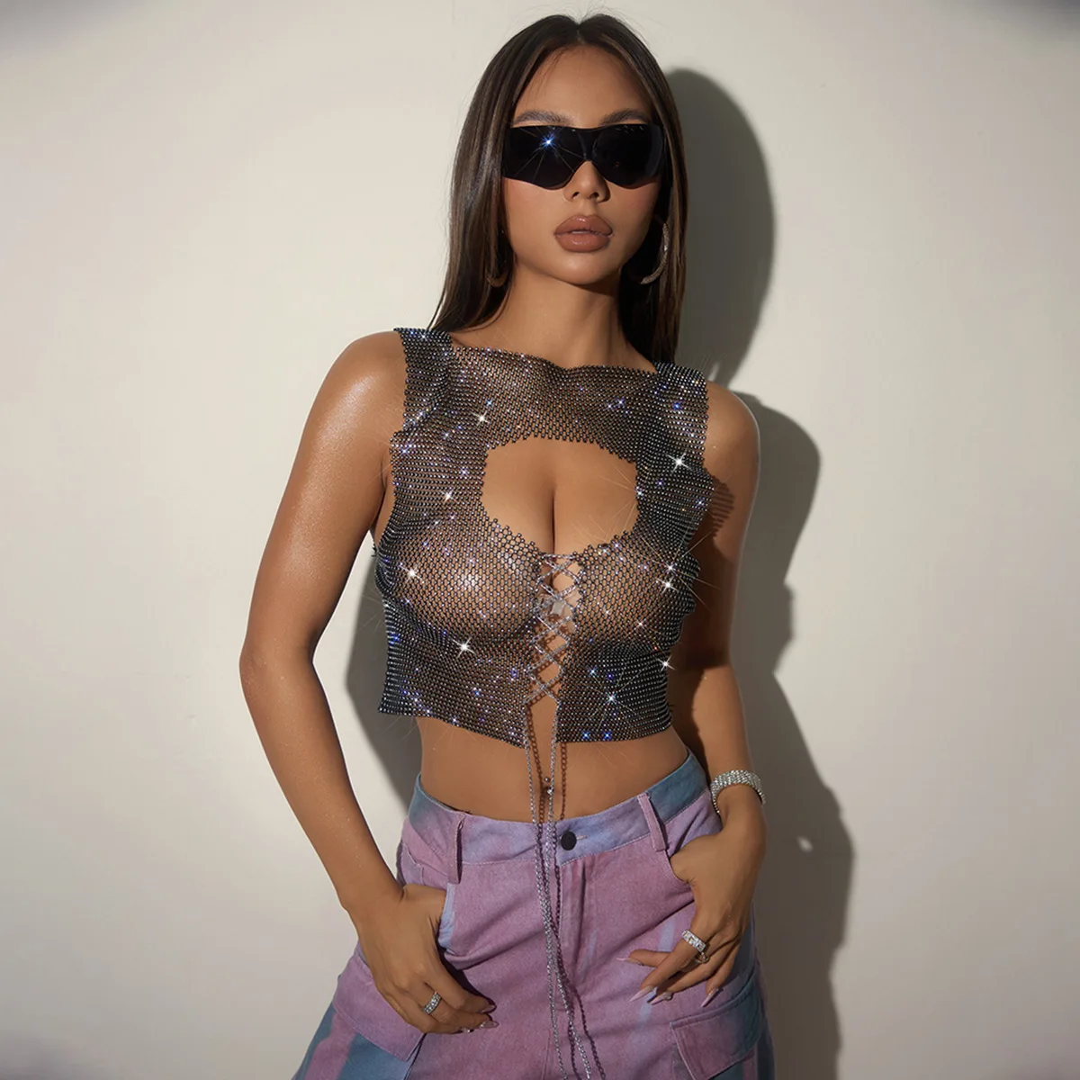 Women Sparkly Crystal Sheer Mesh Metallic Chain Halter Tank Tops Female Fashion Party Outfits Fire Man Festival Sexy Crop Top