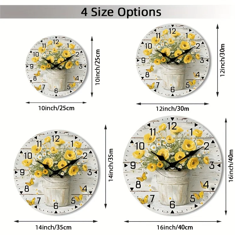 Rustic Yellow Flower Bouquet Wooden Wall Clock - Non-Ticking, Round Analog Clock with Floral Design in White Bucket - Perfect for Kitchen, Home Office, Library, Hallway, Apartment Decor - Sizes 10