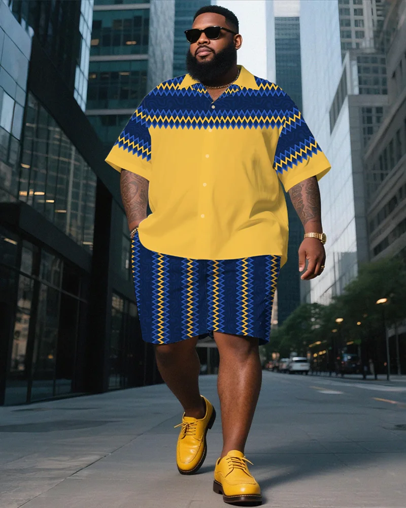

S-9XL Men's Large Size Gradient Retro Pattern Shirt Short Sleeve shorts Two-piece Set
