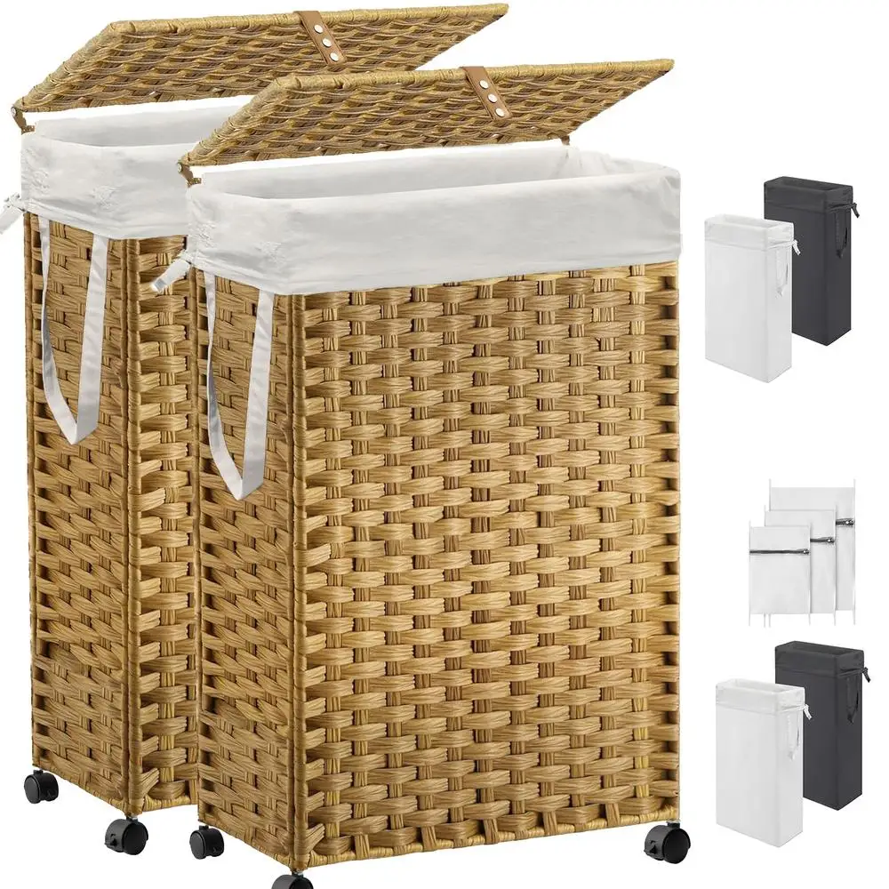 70L Slim Laundry Hamper with Lid & Wheels 2-Park Rolling Laundry Basket Removable Liner Bags Mesh Bags Narrow Dirty Steel Frame