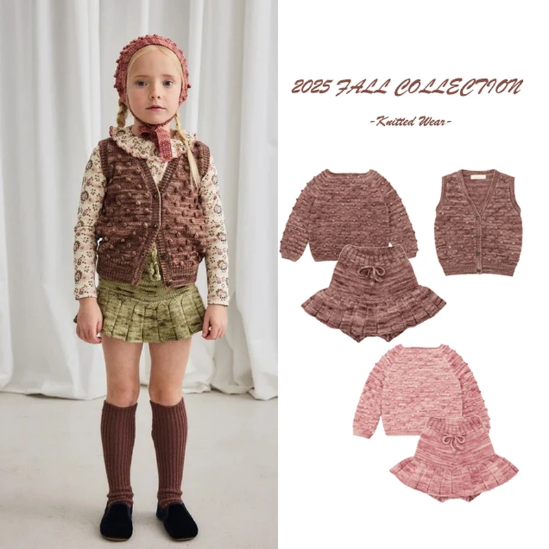 

Вязаная детская одежда для девочек, осень 202, вязаный жилет для девочек, комплекты пуловеров, вязаная юбка в стиле ретро, жилет, детская одежда