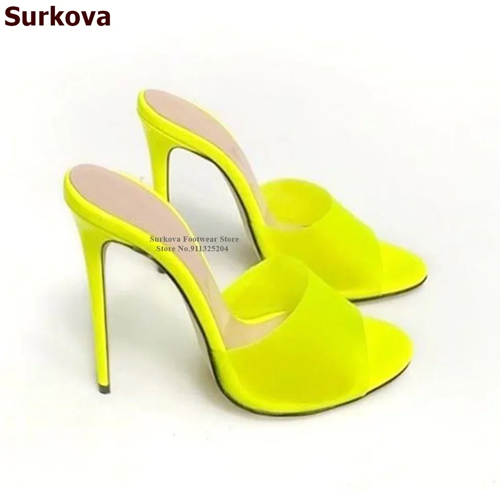 Surkova Neon Żółty Zielony PVC Kapcie na wysokim obcasie Cienki wysoki obcas Okrągłe palce Przezroczyste letnie sandały Leopard Satin Slip-on Shoes