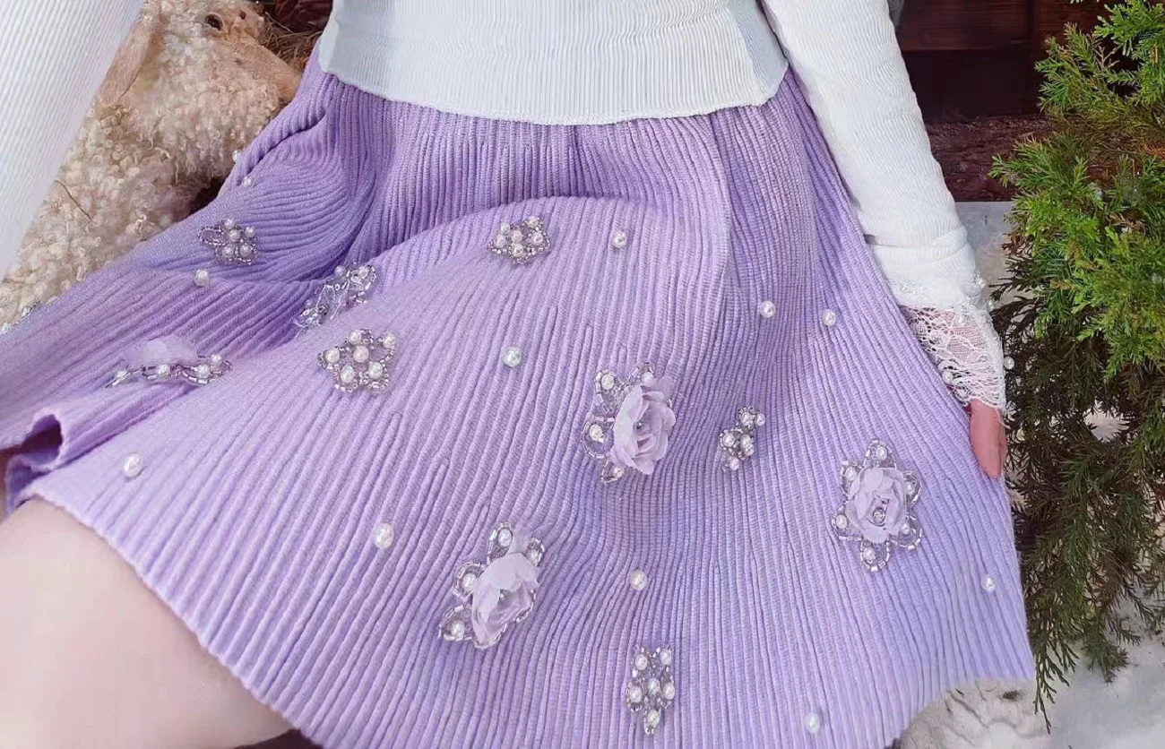 High-end Sweet Chic Knitted Pleated Short Skirts Women's 3D Flowers Beads Stitch Mini Skirts Woman Clothing Trend 2025 Faldas