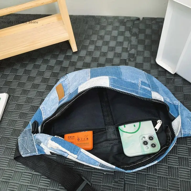 

Denim Patchwork Contrasting Color Casual Ins Korean Travel Fabric Single Shoulder Crossbody Bag Chest Waist Bag for Women