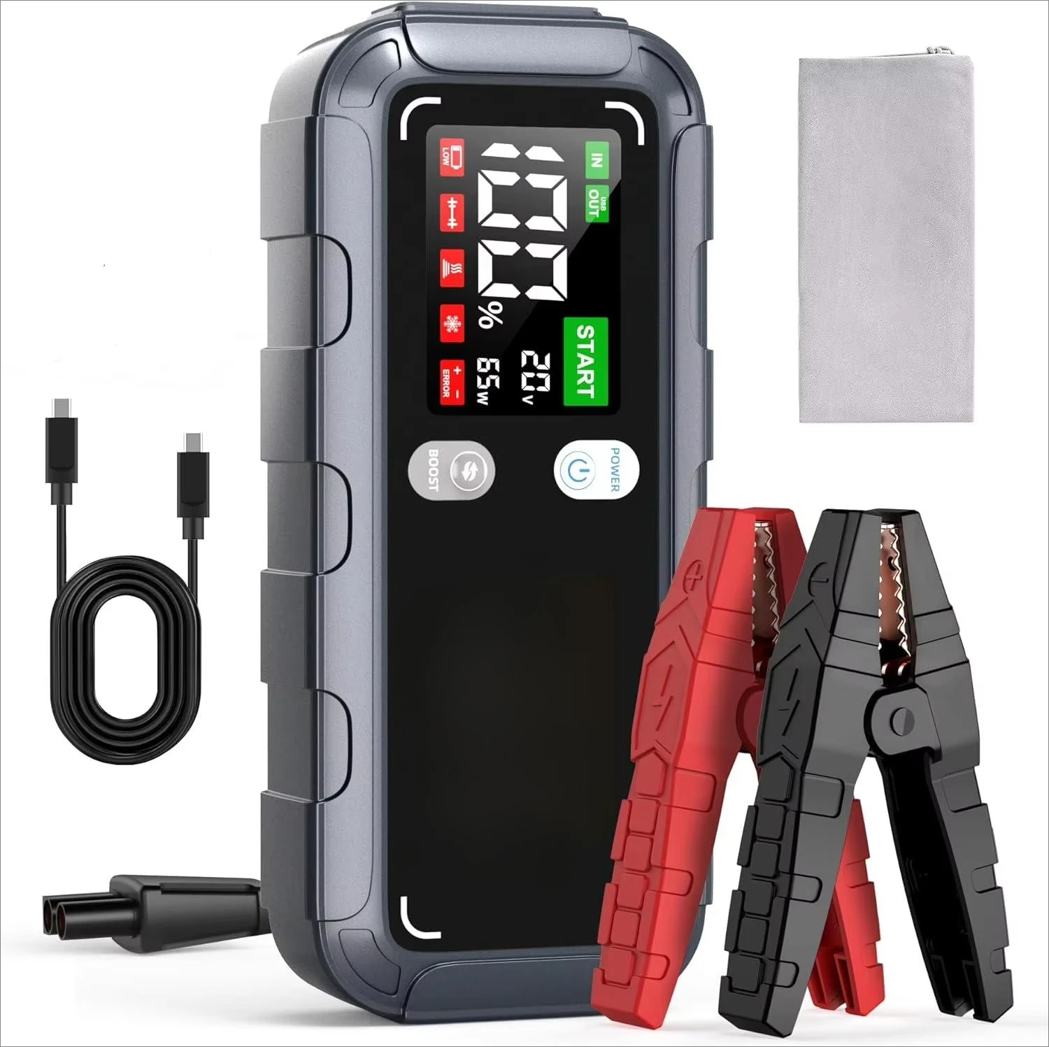 ZK005 Portable Car Jump Starter IP65 Waterproof PD65W LED Light Fast Charging with LCD Screen Multifunctional Emergency Tool Kit