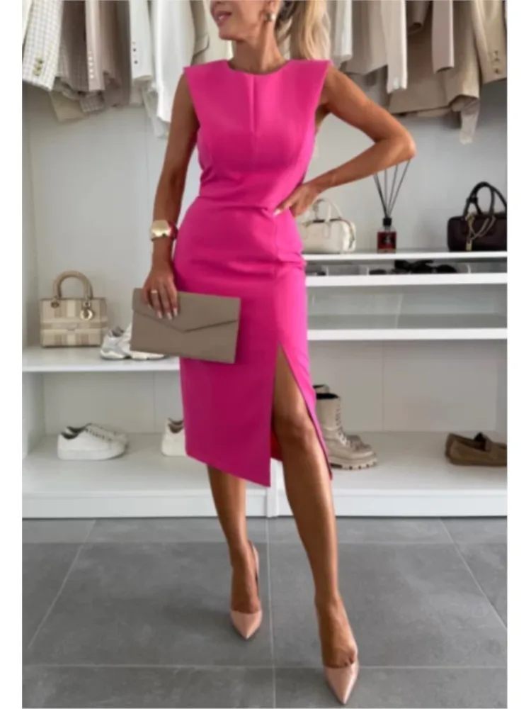 Nuovo abito casual comodo da pendolarismo semplice Abito slim tinta unita diviso senza maniche con scollo tondo elegante e alla moda da donna