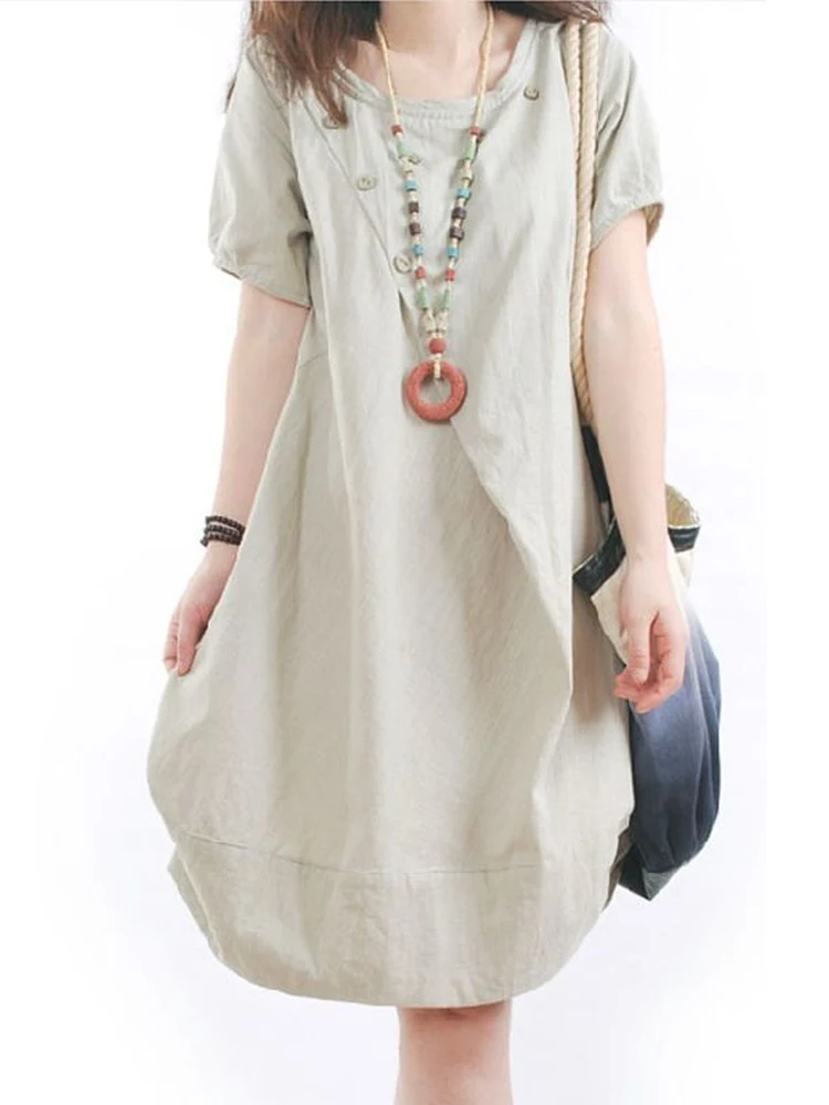 Loose A-Line Cotton Linen Dress Summer Thin Pure Color Women's Clothing Comfortable Korean Style Commute Short Sleeve Dress