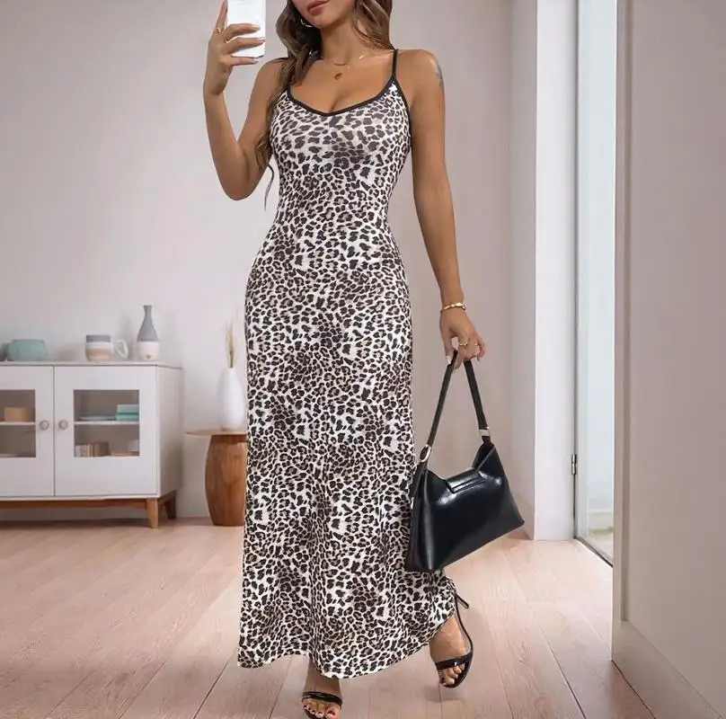فستان نسائي طويل بطبعة الفهد بدون أكمام بقصة ضيقة للعطلات الصيفية والحفلات اليومية ونمط مثير #1