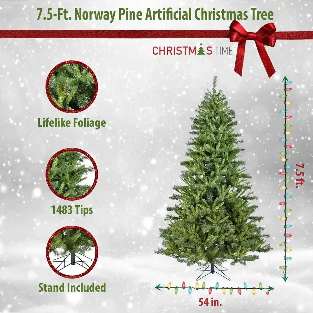 7.5-Ft. Realistic Norway Pine Slim Artificial Christmas Tree Unlit PVC Foliage Hinged Branches Festive Holiday Decor 1483 Tips