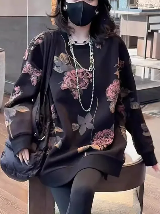 เสื้อสเวตเตอร์พิมพ์ลายทรงยาวสไตล์เรโทร ไซส์ใหญ่ 300 ปอนด์ สำหรับผู้หญิง ฤดูใบไม้ร่วง ฤดูหนาว เสื้อคลุมสไตล์เกาหลี ลายดอกไม้