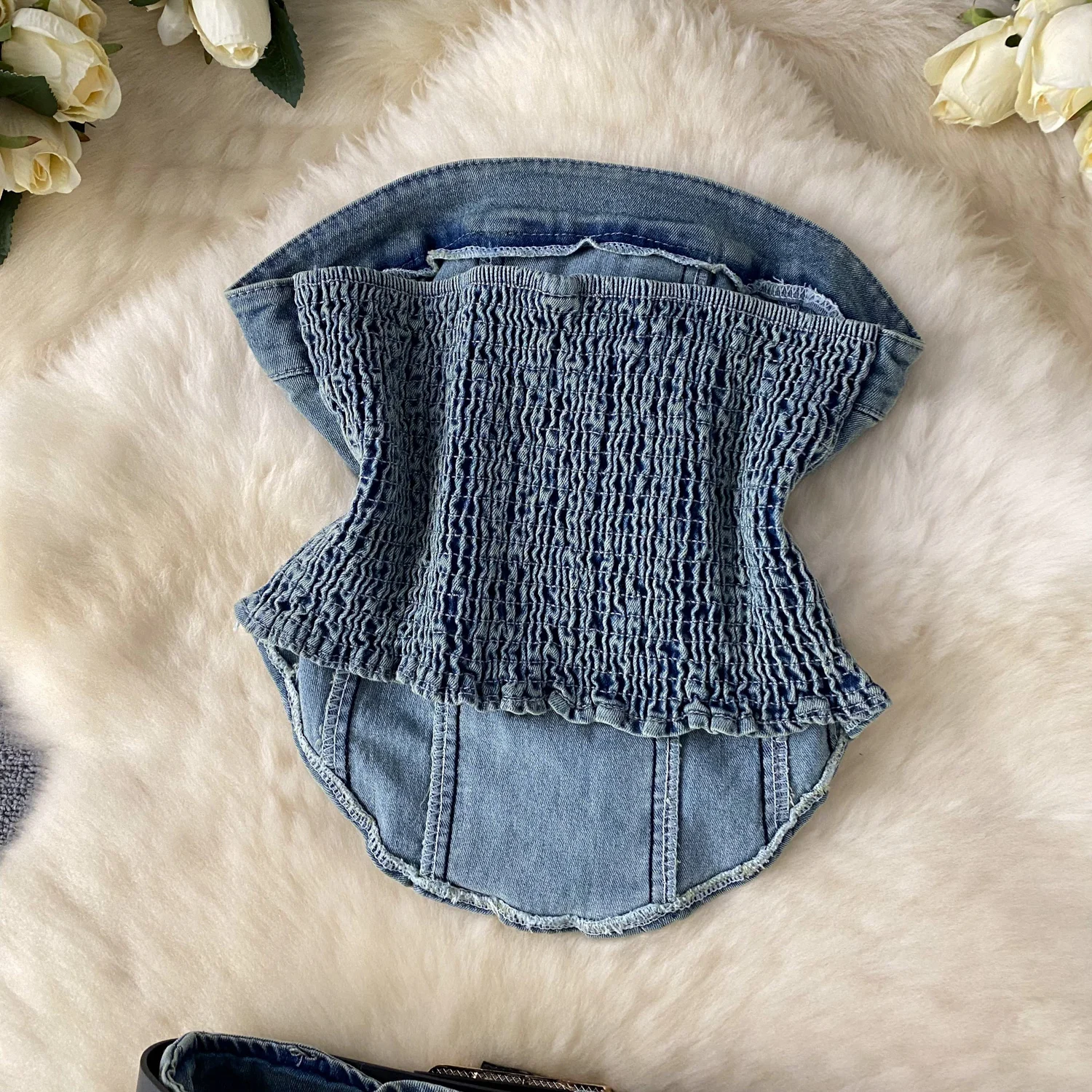 Women Denim Mini Skirts Suits Summer Bandage Short Strap Jeans Vest Tops And Mini Pleated Jeans Skirt Two-piece Sets