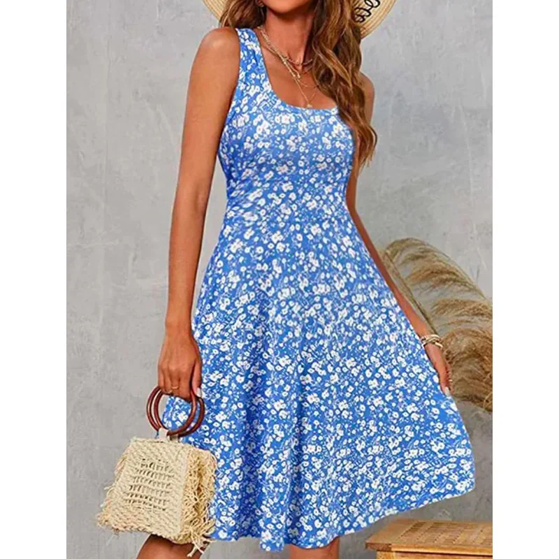 Vestido Midi Floral sin mangas para mujer, vestidos elegantes hasta la rodilla, trajes de moda para niñas, trajes casuales de verano