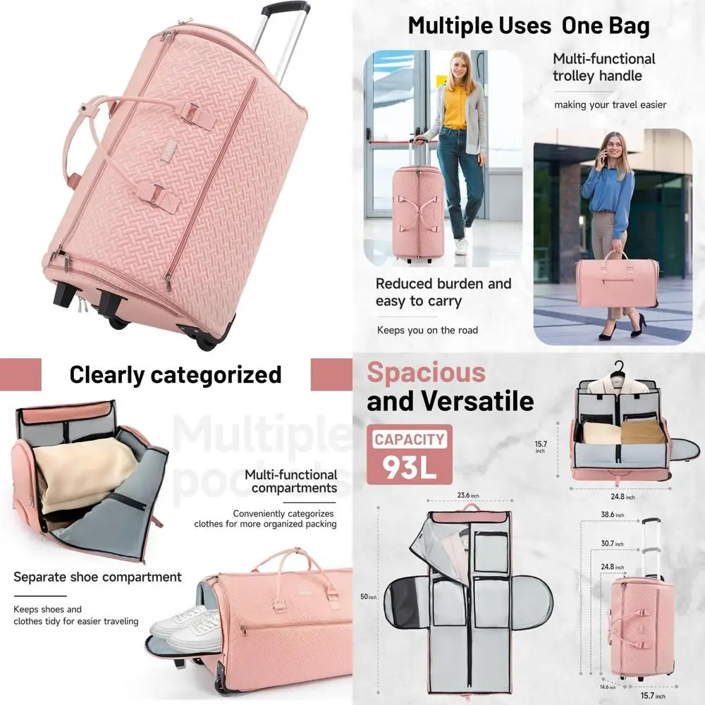 Bolsa de ropa de viaje con ruedas convertible, bolsa de lona plegable para equipaje, compartimento para zapatos, ideal para viajeros
