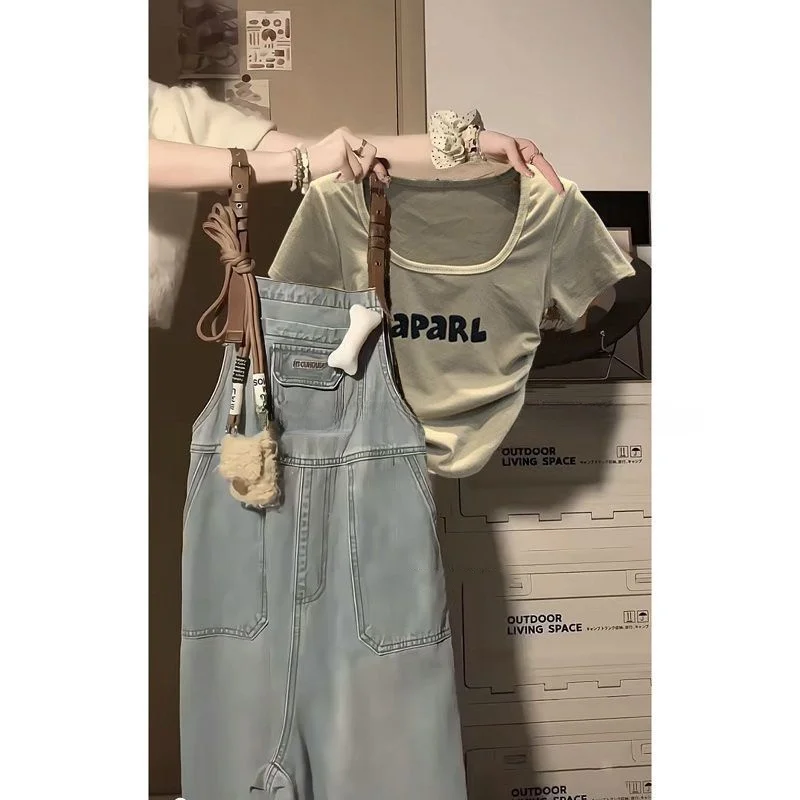 

Summer Women's Short Sleeve T-Shirt And Denim Overalls Meat Covering Fashion Set Cute Small Size Clothing Two Piece Set
