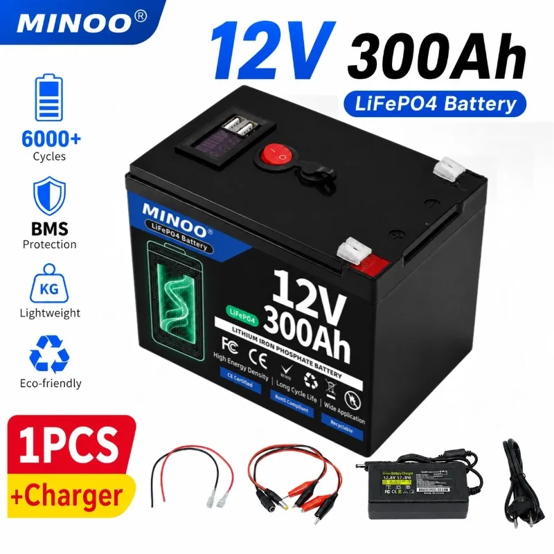 12V 300Ah LiFePO4 Lithium Battery 21700 Cells Dual USB Display Deep Cycle Rechargeable for RV Solar Marine Boat Energy Storage