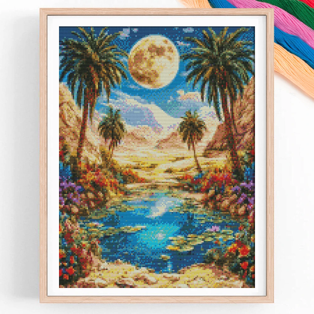 

Landscape Painting Cross Stitch Kit DIY Set Handmade Hand Embroidered Moon River Decoration Painting